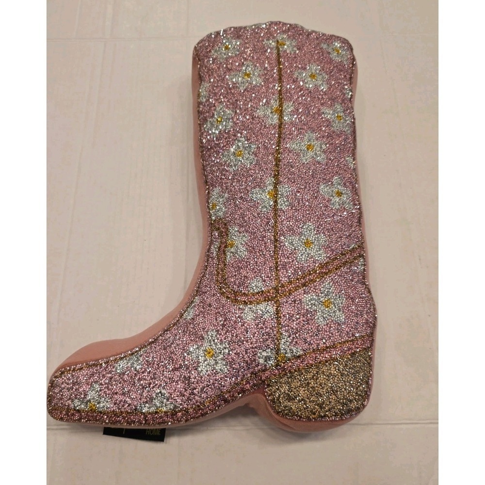 Sparkles Home Luminous Pink Flower Cowgirl Boot Rhinestone Shaped Pillow Velvet